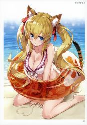 Rule 34 | 1girl, absurdres, animal ears, artist name, bare legs, bare shoulders, barefoot, beach, bikini, blonde hair, blue eyes, blush, bow, breasts, cat ears, cat tail, cleavage, closed mouth, collarbone, day, floral print, front-tie bikini top, front-tie top, hair bow, heart, highres, innertube, large breasts, long hair, looking at viewer, mole, mole on breast, mutsumi masato, outdoors, sand, scan, see-through, shiny skin, shore, side-tie bikini bottom, sitting, smile, solo, swim ring, swimsuit, tail, tiger ears, tiger tail, toranoana, twintails, wariza, water