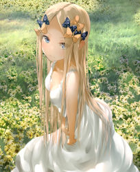 Rule 34 | 1girl, abigail williams (fate), bare shoulders, black bow, blonde hair, blue eyes, blush, bow, breasts, closed mouth, dress, fate/grand order, fate (series), field, flower, flower field, forehead, grass, hair bow, long hair, looking at viewer, multiple bows, orange bow, parted bangs, sakazakinchan, sidelocks, small breasts, white dress