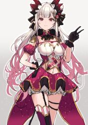 Rule 34 | 1girl, absurdres, armlet, black gloves, bracelet, breasts, cape, collar, cone hair bun, cowboy shot, double bun, frilled gloves, frills, garter straps, gem, gloves, gold trim, gradient background, grey background, hair bun, hand up, highres, honey strap, jewelry, light particles, light smile, long hair, looking at viewer, medium breasts, nanashi inc., ogura tubuan, panties, red cape, red collar, red eyes, red gemstone, red headwear, red skirt, shoulder pads, skirt, solo, standing, suou patra, thigh strap, thighhighs, underwear, v, virtual youtuber, white hair, white panties