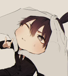 Rule 34 | 1boy, black hair, black jacket, black necktie, chainsaw man, collared shirt, disembodied hand, face squeeze, formal, fox shadow puppet, grey background, hayakawa aki, highres, jacket, looking at viewer, looking up, necktie, one eye closed, shirt, short hair, simple background, solo, squeezing, suit, sweat, topknot, white shirt, whitebear 1023