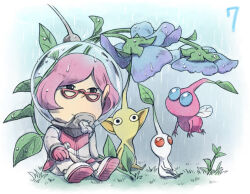 Rule 34 | 1girl, black eyes, blue eyes, blue flower, border, brittany (pikmin), buttons, closed mouth, colored skin, commentary request, countdown, eyelashes, flower, flying, full body, glasses, gloves, grass, hand on own knee, helmet, insect wings, leaf, light smile, looking ahead, looking at viewer, miniskirt, naru (wish field), nintendo, no mouth, outdoors, pikmin (creature), pikmin (series), pikmin 3, pink gloves, pink hair, pink skin, pink skirt, pointy nose, radio antenna, rain, red-framed eyewear, red eyes, short hair, sitting, skirt, solid circle eyes, space helmet, spacesuit, triangular eyewear, vignetting, wet, whistle, white border, white pikmin, white skin, winged pikmin, wings, yellow pikmin, yellow skin