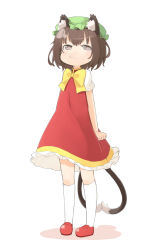 Rule 34 | 1girl, :t, animal ears, brown eyes, brown hair, cat ears, cat girl, cat tail, chen, child, female focus, hat, multiple tails, nakashino setsu, pout, short hair, simple background, solo, standing, tail, touhou, white background