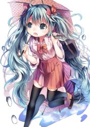 Rule 34 | 1girl, ahoge, aqua eyes, aqua hair, bad id, bad pixiv id, bag, black thighhighs, bow, bowtie, hatsune miku, highres, loafers, long hair, open mouth, opopowa, puddle, reflection, running, school uniform, shoes, skirt, solo, thighhighs, twintails, umbrella, very long hair, vocaloid, white background
