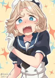 Rule 34 | 1girl, @ @, black neckerchief, blonde hair, blue eyes, blue sailor collar, dress, fang, gloves, hat, highres, izumikuma, janus (kancolle), kantai collection, looking at viewer, mahou shoujo ni akogarete, neckerchief, one-hour drawing challenge, parody, parted bangs, sailor collar, sailor dress, sailor hat, short hair, short sleeves, solo, sparkle background, upper body, white dress, white gloves, white hat, yellow background