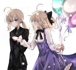 Rule 34 | 2girls, absurdres, ahoge, artoria pendragon (all), artoria pendragon (fate), balloon, black bow, black gloves, black necktie, black ribbon, black suit, blonde hair, blunt bangs, bow, bubble skirt, dress, fate/grand order, fate (series), formal, frilled sleeves, frills, gloves, grey shirt, hair between eyes, hair bow, highres, holding hands, looking at another, medium hair, multiple girls, nayu tundora, neck ribbon, necktie, official alternate costume, official alternate hairstyle, ponytail, purple dress, ribbon, saber (fate), saber lily, shirt, short dress, sidelocks, skirt, suit, white background, white shirt