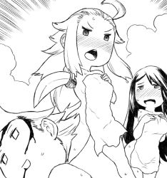 Rule 34 | 1boy, 2girls, agnes oblige, ahoge, blood, blush, bravely default: flying fairy, bravely default (series), breasts, covering breasts, covering privates, crying, crying with eyes open, ear blush, edea lee, full-face blush, greyscale, injury, large breasts, monochrome, multiple girls, naked towel, nude cover, ringabel, simple background, small breasts, sword, tears, towel, tsukudani (coke-buta), weapon