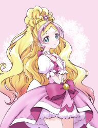 Rule 34 | 1girl, blonde hair, bow, choker, cowboy shot, cure flora, dated, earrings, flower, flower earrings, flower necklace, gloves, go! princess precure, gradient background, green eyes, highres, jewelry, long hair, looking at viewer, magical girl, multicolored hair, necklace, okayashi, pink background, pink bow, pink hair, pink skirt, precure, puffy sleeves, skirt, smile, solo, tiara, two-tone hair, waist bow, waist brooch, white gloves