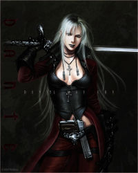 Rule 34 | 00s, 1girl, breasts, capcom, dante (devil may cry), dark, devil may cry (series), genderswap, genderswap (mtf), gun, jewelry, medium breasts, necklace, nipples, rebellion (sword), silver hair, solo, sword, weapon, wolfina