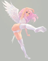 Rule 34 | 1girl, armpits, blue eyes, blush, feet, foreshortening, highleg, open mouth, original, pink hair, simple background, solo, thighhighs, weno, white thighhighs, wings