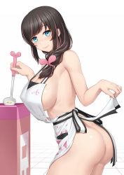 Rule 34 | 1girl, adapted costume, aged up, alternate breast size, anarchojs, apron, aqua eyes, ass, breasts, brown hair, closed mouth, clothes writing, cowboy shot, fingernails, food, from side, hair over shoulder, hairband, highres, holding, holding ladle, huge breasts, kizuna ai, kizuna ai inc., ladle, long hair, looking at viewer, low-tied long hair, mature female, multicolored hair, naked apron, outstretched hand, pink hair, pink hairband, pocket, print apron, sideboob, sidelocks, skirt hold, smile, solo, soup, strap gap, streaked hair, swept bangs, tile floor, tiles, virtual youtuber, white apron, white background