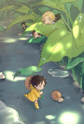 Rule 34 | 4boys, after rain, black eyes, black hair, boots, burn scar, dappled sunlight, day, dew drop, facial scar, full body, hat, hat on back, hiding, highres, leaf umbrella, looking at viewer, lying, male focus, mini person, miniboy, moko (gloriaaaaaa), monkey d. luffy, multiple boys, nature, on stomach, one piece, outdoors, portgas d. ace, puddle, rubber boots, running, sabo (one piece), scar, scar on cheek, scar on face, short hair, smile, snail, straw hat, sunglasses, sunlight, trafalgar law, water drop, yellow raincoat