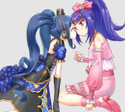 Rule 34 | 10s, 2girls, bare shoulders, black dress, black gloves, black hat, blue hair, blush, boots, bow, character request, closed mouth, commentary request, detached sleeves, dress, elbow gloves, eye contact, flower, gloves, grey background, hair bow, hair flower, hair ornament, hanazono shuka, hat, high heel boots, high heels, high ponytail, idol time pripara, long hair, long sleeves, looking at another, mini hat, multiple girls, okiru, pink bow, pink flower, pink footwear, pink rose, pink shirt, pink skirt, ponytail, pretty series, pripara, puffy long sleeves, puffy short sleeves, puffy sleeves, purple eyes, purple hair, rose, shirt, short sleeves, sidelocks, simple background, skirt, sweat, twintails, very long hair