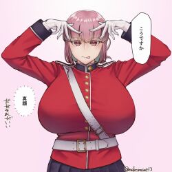 Rule 34 | 1girl, artist name, belt, braid, breasts, closed mouth, coat, double v, fate/grand order, fate (series), florence nightingale (fate), gloves, highres, hoshino ai&#039;s pose, large breasts, long hair, long sleeves, looking at viewer, nekoreset13, oshi no ko, pink hair, pose imitation, red coat, red eyes, simple background, skirt, solo, speech bubble, tongue, tongue out, translation request, v, v over eye, white background, white gloves