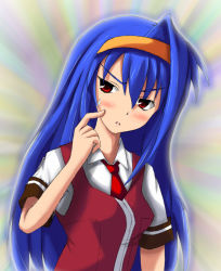 Rule 34 | 1girl, blue hair, eikichi (mujirushi shounen), female focus, hairband, school uniform, solo, tagme, upper body