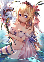Rule 34 | 1girl, 40 (0f0urw), absurdres, alternate hair length, alternate hairstyle, bare shoulders, bikini, blonde hair, blue eyes, blue ribbon, blush, bouquet, breasts, cleavage, collarbone, europa (granblue fantasy), europa (summer) (granblue fantasy), flower, granblue fantasy, hair flower, hair ornament, highres, large breasts, long hair, looking at viewer, navel, partially submerged, ribbon, sitting, smile, solo, swimsuit, thighs, tiara, very long hair, water, white bikini