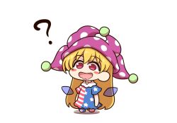Rule 34 | 1girl, ?, american flag dress, american flag pants, blonde hair, blush stickers, chibi, clownpiece, dress, drooling, fairy wings, full body, hair between eyes, hat, highres, jester cap, long hair, looking away, neck ruff, no shoes, open mouth, pants, pink eyes, polka dot, purple hat, shadow, shitacemayo, short sleeves, simple background, smile, solo, standing, star (symbol), star print, striped clothes, striped dress, striped pants, touhou, very long hair, white background, wings