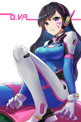 Rule 34 | 1girl, alternate eye color, animal print, armor, bodysuit, boots, bracer, breasts, brown hair, d.va (overwatch), facepaint, facial mark, gloves, headphones, high collar, highres, long hair, looking at viewer, medium breasts, meka (overwatch), overwatch, overwatch 1, pauldrons, pilot suit, purple eyes, rabbit print, ribbed bodysuit, shoulder armor, shoulder pads, simple background, sitting, skin tight, solo, thigh boots, thigh strap, thighhighs, turtleneck, whisker markings, white background, white footwear, white gloves, xiui7