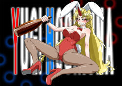 Rule 34 | 1girl, alcohol, animal ears, arm support, armpits, ashcape, blonde hair, blush, bottle, bow, bowtie, breasts, rabbit ears, rabbit tail, character name, clenched teeth, cuffs, detached collar, drink, drunk, female focus, high heels, holding, horns, hoshiguma yuugi, large breasts, legs, long hair, pantyhose, playboy bunny, pointy ears, red eyes, shoes, single horn, smile, solo, spread legs, tail, teeth, touhou, very long hair