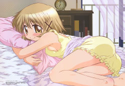 Rule 34 | 00s, 1girl, absurdres, ass, bare legs, bare shoulders, barefoot, bed, blush, body blush, book, bookshelf, breasts, brown eyes, brown hair, chest of drawers, clock, folded, from side, furukawa hideki, hair ornament, hairclip, halftone, hidamari sketch, highres, hug, indoors, legs, light brown hair, light smile, looking at viewer, looking back, lying, megami magazine, nightgown, no bra, non-web source, hugging object, official art, on bed, on stomach, open window, pillow, pillow hug, railing, scan, short hair, sideboob, small breasts, smile, solo, strap gap, thigh gap, towel, transparent, underwear, underwear only, window, yuno (hidamari sketch)