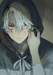 Rule 34 | 1boy, 30amamiya r, black nails, closed mouth, commentary request, crying, crying with eyes open, curtained hair, eyelashes, grey background, hair between eyes, highres, hood, hood up, hoodie, jewelry, looking at viewer, male focus, original, red eyes, ring, ringed eyes, short hair, simple background, solo, tears, upper body, white hair