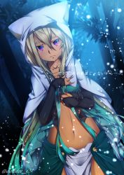 Rule 34 | 1girl, aqua hair, blonde hair, blush, bridal gauntlets, collarbone, crying, crying with eyes open, dandou, dark skin, dark-skinned female, eyebrows, hand on own chest, highres, hood, light particles, long hair, looking at viewer, multicolored hair, nail polish, navel, night, original, pink eyes, purple eyes, solo, tears, thick eyebrows, translation request, tree, twitter username, very long hair
