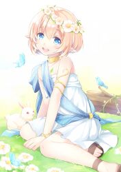 Rule 34 | 1girl, animal, arm support, blonde hair, blue eyes, blue sash, blush, dress, elf, fantasy, flower wreath, head wreath, highres, looking at viewer, mono lith, open mouth, pointy ears, sandals, sash, short hair, solo, strapless, strapless dress, teeth, upper teeth only, white dress