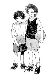 Rule 34 | 2boys, absurdres, ball, basketball (object), basketball uniform, character request, closed mouth, collarbone, copyright request, full body, hand on another&#039;s shoulder, highres, holding, holding ball, jihecchi, looking at viewer, multiple boys, shoes, short sleeves, shorts, simple background, socks, sportswear, tank top