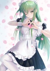 Rule 34 | 1girl, absurdres, apron, budgiepon, c.c., code geass, dress, frilled dress, frills, green hair, heart, heart hands, highres, long hair, looking at viewer, maid, maid apron, maid headdress, one eye closed, pantyhose, solo, white pantyhose, yellow eyes
