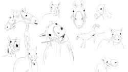 Rule 34 | absurdres, aventador, bridle, commentary request, gold ship (racehorse), greyscale, highres, hood, horse, kicking, monochrome, multiple views, no humans, portrait, real life, rearing, reins, sketch, tongue, tongue out