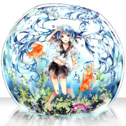 Rule 34 | 1girl, air bubble, aqua eyes, aqua hair, bare legs, barefoot, black bow, black skirt, bottle miku, bow, bubble, fish, fishbowl, floating hair, full body, goldfish, hair ribbon, hand on own head, hatsune miku, highres, in container, long hair, looking at viewer, midriff, mini person, minigirl, navel, open mouth, outstretched hand, reflection, ribbon, sailor collar, school uniform, seaweed, see-through, serafuku, short sleeves, skirt, smile, solo, teka, twintails, underwater, very long hair, vocaloid, water