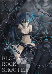 Rule 34 | 10s, 1girl, arm cannon, bikini, bikini top only, black hair, black rock shooter, black rock shooter (character), blue eyes, boots, chain, elbow gloves, gloves, glowing, glowing eyes, huge weapon, long hair, midriff, navel, pondel, scar, shorts, solo, swimsuit, twintails, weapon