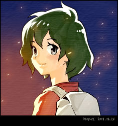 Rule 34 | 10s, 1girl, backpack, bag, black border, border, commentary request, dated, from behind, green hair, grey eyes, kaban (kemono friends), kemono friends, looking at viewer, looking back, red shirt, roonhee, shirt, signature, smile, solo