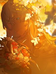 Rule 34 | 1boy, androgynous, bishounen, blonde hair, blue eyes, bouquet, branch, commentary, dappled sunlight, english commentary, final fantasy, final fantasy xiv, flower, from side, hair between eyes, highres, holding, holding bouquet, looking at viewer, male focus, medium hair, nokto, outdoors, portrait, red flower, smile, solo, sunlight, themis (ff14), white flower