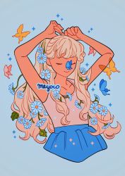 Rule 34 | 1girl, arms up, artist name, bad id, bad twitter id, blonde hair, blue background, blue butterfly, blue flower, blue skirt, bug, butterfly, closed eyes, flower, insect, leaf, long hair, meyoco, original, pink butterfly, pink shirt, shirt, simple background, skirt, sleeveless, sleeveless shirt, smile, solo, sparkle, yellow butterfly