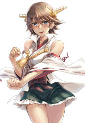Rule 34 | 1girl, bare shoulders, blue eyes, blush, brown hair, clenched hands, cowboy shot, detached sleeves, green skirt, hair between eyes, headgear, hiei (kancolle), hiei kai ni (kancolle), highres, japanese clothes, kantai collection, kokuzou, nontraditional miko, open mouth, plaid, plaid skirt, pleated skirt, ribbon-trimmed sleeves, ribbon trim, short hair, simple background, skirt, smile, solo, white background, wide sleeves