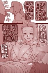 Rule 34 | 1boy, 1girl, absurdres, bleach, bra, breasts, breasts squeezed together, cleavage, comic, ekz (robotekz), english text, facing viewer, from side, grabbing own breast, hetero, highres, huge breasts, looking at another, matsumoto rangiku, monochrome, paizuri, paizuri under clothes, smile, underwear