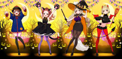 Rule 34 | 4girls, adjusting clothes, adjusting headwear, animal ears, arms up, bare tree, black dress, black footwear, black gloves, black headwear, black shorts, black skirt, black thighhighs, blonde hair, blue nails, bow, breasts, broom, brown hair, brown pantyhose, cat ears, cat tail, crescent moon, demon tail, dress, fake animal ears, gloves, graveyard, hair bow, halloween, halloween costume, hand on own hip, hat, highres, holding, holding weapon, horns, jack-o&#039;-lantern, jiangshi costume, kaname mahiro, large breasts, light brown hair, looking at viewer, marinasu (kari), midriff, moon, multiple girls, nail polish, ofuda, otonoha naho, pantyhose, pencil skirt, polearm, purple legwear, red bow, red headwear, red legwear, ribbon, short shorts, shorts, skirt, sky, small breasts, standing, standing on one leg, string of flags, suzuna subaru, tail, thighhighs, touma rin, tree, trident, virtual youtuber, weapon, wide sleeves, witch hat, wristband, yellow sky, yuu (higashi no penguin)