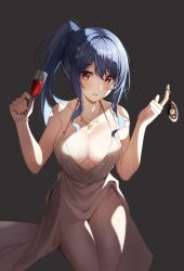 Rule 34 | 1girl, :d, absurdres, azur lane, backless dress, backless outfit, bare shoulders, black background, blue hair, blue nails, blush, breasts, champagne flute, cleavage, cup, dress, drinking glass, evening gown, grey dress, hair between eyes, hair ornament, hairclip, halter dress, halterneck, high ponytail, highres, holding, holding cup, jewelry, charm (object), large breasts, looking at viewer, nail polish, necklace, niji (rudduf232), open mouth, pink eyes, plunging neckline, revealing clothes, side ponytail, sidelocks, silver dress, sitting, smile, st. louis (azur lane), st. louis (luxurious wheels) (azur lane), thighs