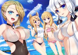 Rule 34 | 4girls, :d, areola slip, azur lane, bikini, blonde hair, blue eyes, blunt bangs, blush, breast envy, breasts, cloud, covered erect nipples, covered navel, day, flat chest, frilled bikini, frills, gluteal fold, hair ornament, hair over shoulder, hands on own chest, highres, hood (azur lane), hood (lady of the shining sun) (azur lane), illustrious (azur lane), large breasts, light rays, long hair, looking at viewer, low twintails, medium breasts, multiple girls, navel, ocean, one-piece swimsuit, open mouth, outdoors, pink bikini, purple eyes, queen elizabeth (azur lane), ringlets, side-tie bikini bottom, sky, smile, stomach, swimsuit, twintails, warspite (azur lane), water, white hair, zha shi