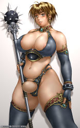 Rule 34 | 00s, 1girl, 2006, areola slip, armor, artist name, bikini, bikini armor, breasts, earrings, elbow gloves, fingerless gloves, gloves, gradient background, huge breasts, jewelry, jolly roger, large breasts, looking at viewer, mace, phaia, puffy nipples, revealing clothes, short hair, simple background, skull and crossed swords, small nipples, solo, spread legs, spunky knight, swimsuit, thighhighs, weapon, white background, youhei kozou