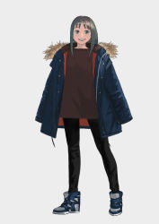 Rule 34 | 1girl, :d, black pants, blue coat, brown shirt, coat, commentary request, fur-trimmed coat, fur trim, green eyes, grey hair, highres, medium hair, open clothes, open coat, open mouth, original, pants, shirt, shoes, simple background, smile, sneakers, standing, teeth, turquoise iro, white background