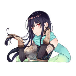 Rule 34 | 1girl, armor, atelier (series), atelier firis, bandages, black hair, blue scarf, breastplate, closed mouth, detached sleeves, gloves, liane mistlud, long hair, looking at viewer, red eyes, ryuuno6, scarf, simple background, solo, white background