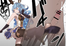 Rule 34 | 1boy, 1girl, animal ears, ball busting, bar censor, bare shoulders, bdsm, black footwear, black gloves, black thighhighs, blue hair, blue skirt, boots, breasts, cbt, censored, collar, commentary request, crotch kick, cum, ejaculation, femdom, ferry (granblue fantasy), frilled collar, frilled skirt, frills, garasuhokou, gloves, granblue fantasy, heart, kicking, knee boots, long hair, medium breasts, motion lines, orange eyes, penis, sadism, sideboob, simple background, skirt, sleeveless, sound effects, testicles, thighhighs, translucent, trembling, tsurime, wavy hair, white background