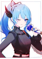 Rule 34 | 1girl, absurdres, belt, black belt, black nails, black shirt, blue eyes, blue hair, blush, breasts, closed mouth, ear piercing, hair ribbon, hand up, high ponytail, highres, holding, holding microphone, hololive, hoshimachi suisei, hoshimachi suisei (shout in crisis), long hair, looking at viewer, microphone, nemoto yuuma, official alternate costume, official alternate hairstyle, one eye closed, piercing, ribbon, shirt, sidelocks, small breasts, solo, star (symbol), star in eye, symbol in eye, turtleneck, upper body, virtual youtuber, wavy hair, wing hair ornament