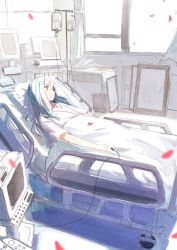 Rule 34 | 1girl, bed, blue hair, brown eyes, canvas (object), desk, female focus, highres, hospital, hospital bed, hospital gown, indoors, intravenous drip, iv stand, long hair, lying, monitor, multicolored hair, on back, on bed, open window, original, parted lips, petals, shi-ro, solo, streaked hair, white hair, window