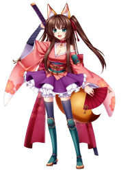 Rule 34 | 1girl, :d, absurdres, animal ears, black thighhighs, blush, boots, breasts, brown hair, choker, cleavage, folding fan, fox ears, fox tail, full body, green eyes, green footwear, hair ribbon, hand fan, hand up, highres, holding, holding fan, holding sword, holding weapon, japanese clothes, kimono, knee boots, konshin, large breasts, long hair, long sleeves, looking at viewer, obi, open mouth, original, purple skirt, purple thighhighs, red choker, red ribbon, ribbon, sash, sengoku koihime, simple background, skirt, smile, solo, standing, sword, tail, thighhighs, two side up, weapon, white background, zettai ryouiki