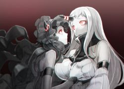 Rule 34 | 10s, 2girls, abyssal ship, bad id, bad pixiv id, black hair, blush, grabbing another&#039;s breast, breasts, detached sleeves, dress, gothic lolita, grabbing, horns, isolated island oni, kantai collection, large breasts, lolita fashion, long hair, md5 mismatch, multiple girls, pale skin, red eyes, seaport princess, sideboob, single horn, smile, sweater, sweater dress, tomari (veryberry00), white hair, yuri