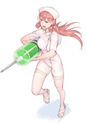 Rule 34 | 1girl, akashi (kancolle), breasts, buttons, full body, green eyes, hair ribbon, hat, highres, holding, holding syringe, kantai collection, large breasts, long hair, nurse, nurse cap, open mouth, pink hair, red ribbon, ribbon, sandals, short sleeves, simple background, solo, syringe, thighhighs, tress ribbon, white background, white hat, white thighhighs, yuuji (and)