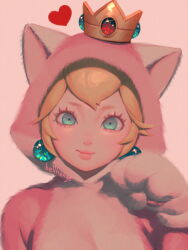 Rule 34 | 1girl, animal costume, animal ear hood, animal ears, animal hands, artist name, bellhenge, blonde hair, blue eyes, breasts, cat costume, cat ears, cat peach, closed mouth, commentary, crown, earrings, english commentary, fake animal ears, formal, gleam, gloves, gold headwear, heart, hood, hood up, jewelry, large breasts, lipstick, long eyelashes, looking at viewer, makeup, mario (series), mini crown, nintendo, paw gloves, paw pose, pink background, pink hood, pink lips, pink suit, princess peach, short hair, smile, solo, sphere earrings, suit, super mario 3d world, upper body, white gloves
