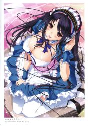 Rule 34 | 1girl, :p, absurdres, beamed quavers, black hair, blue bow, blue bowtie, bow, bowtie, breasts, checkered floor, cleavage, downblouse, dress, floor, from above, hairband, headphones, highres, iizuki tasuku, large breasts, long hair, looking at viewer, looking up, maid, musical note, perspective, red eyes, sharp sign, sitting, solo, staff (music), thighhighs, tongue, tongue out, very long hair, white thighhighs, yokozuwari